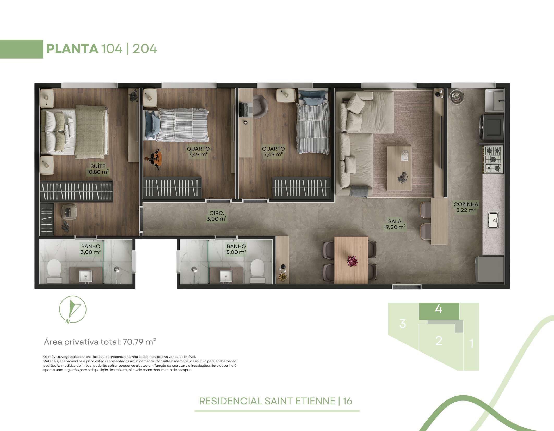Planta 01 - 3 dorm 70,79m²
