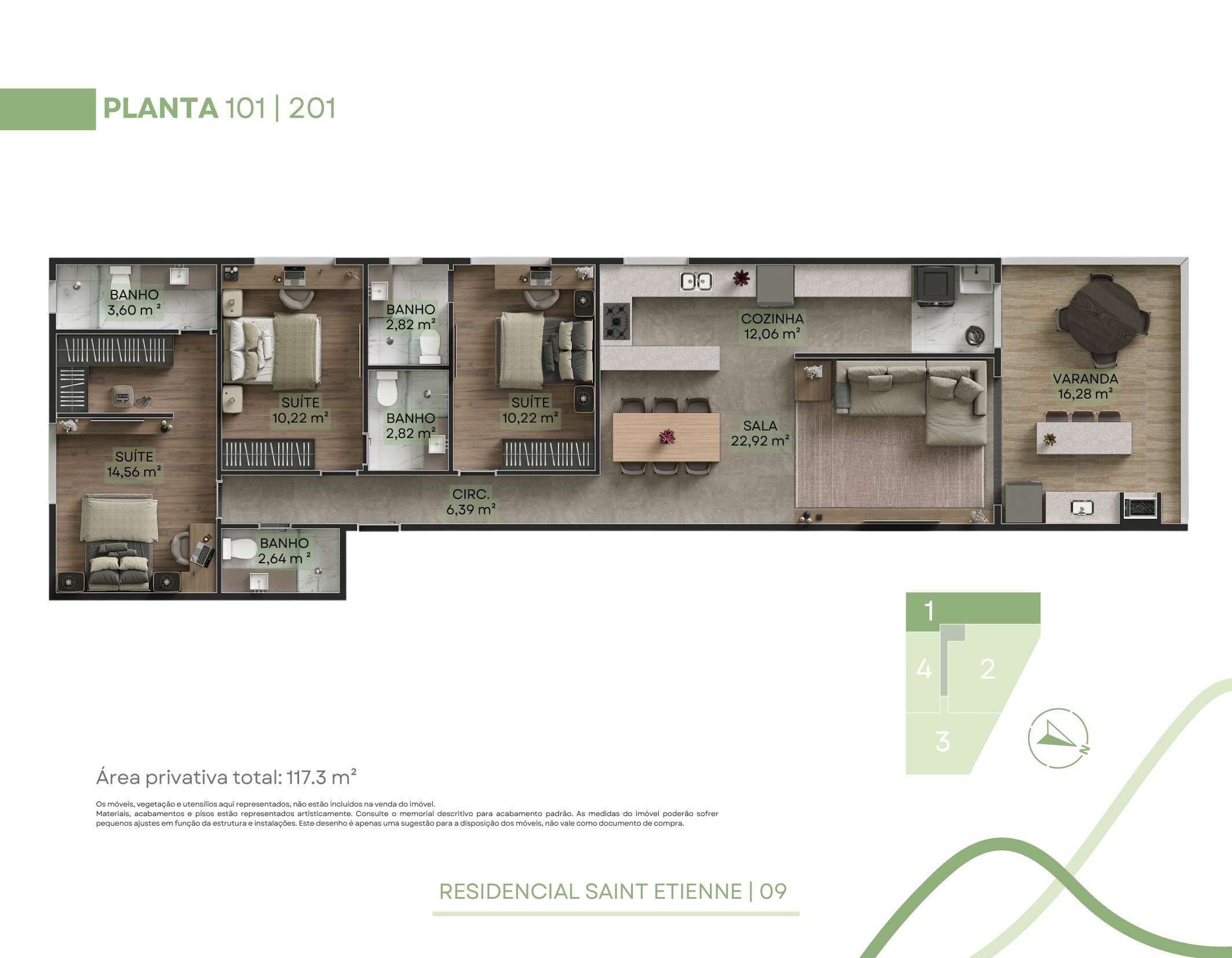 Planta 02 - 3 dorm 117,30m²