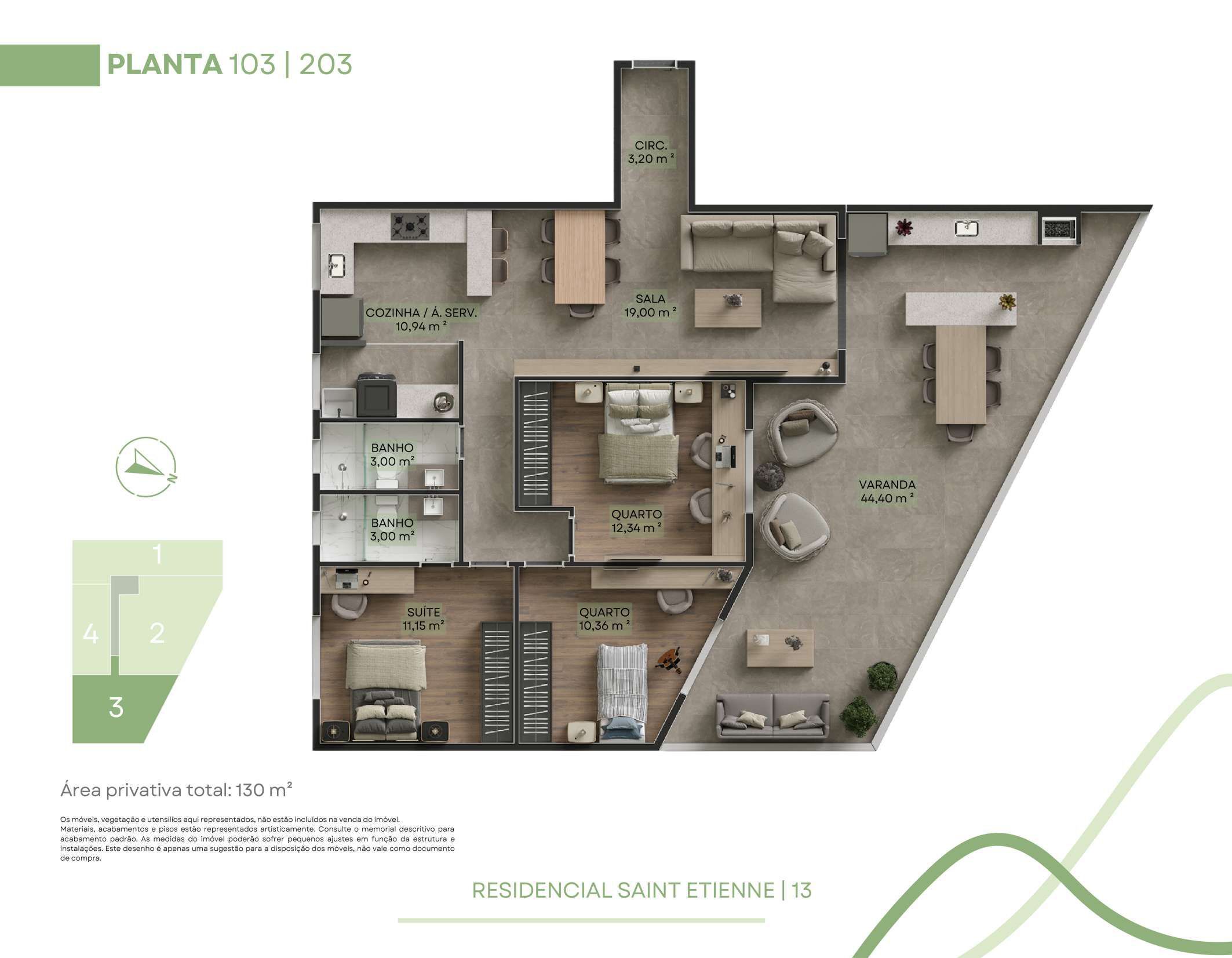 Planta 03 - 3 dorm 130m²