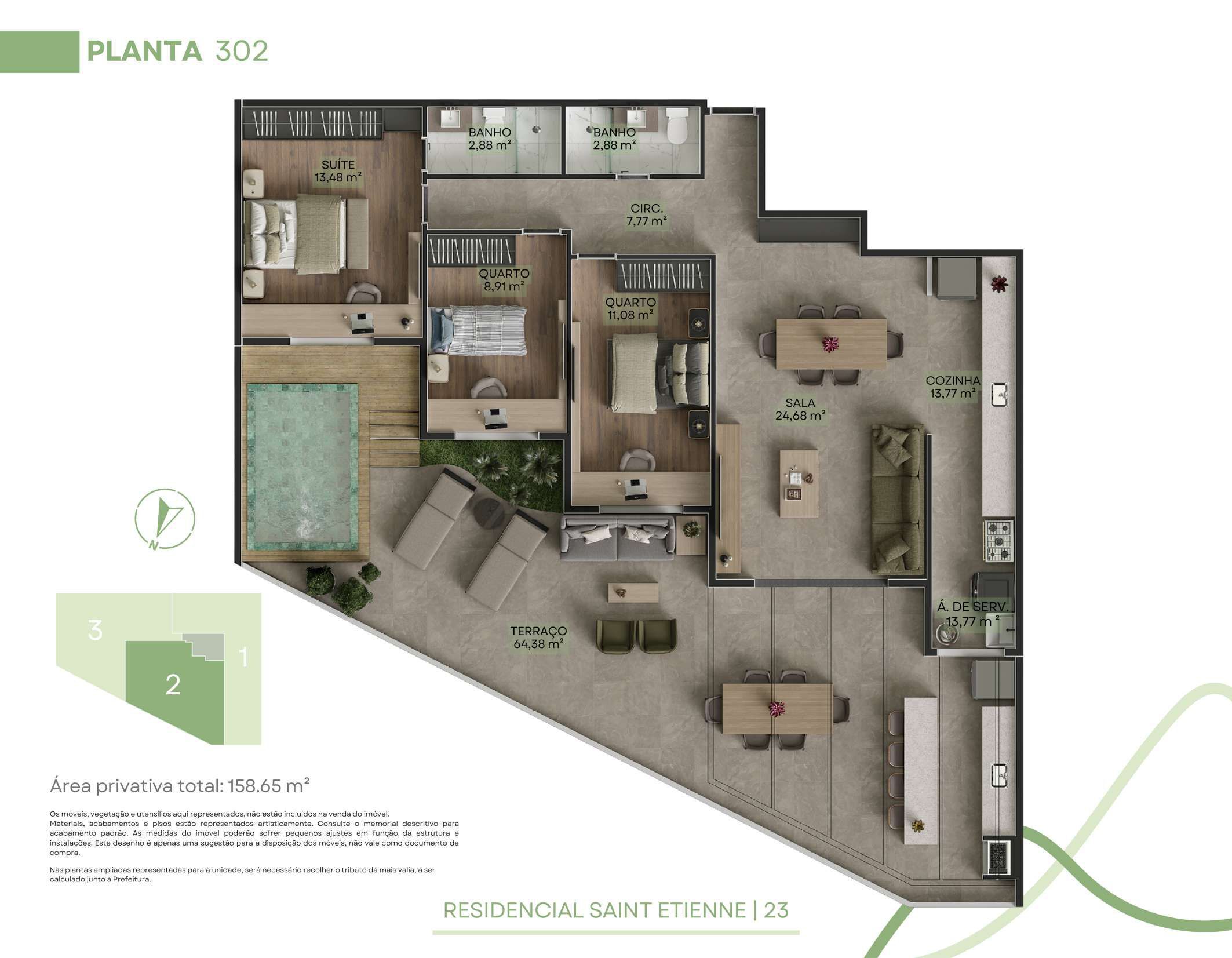 Planta 04 - 3 dorm 158,65m² - cobertura horizontal
