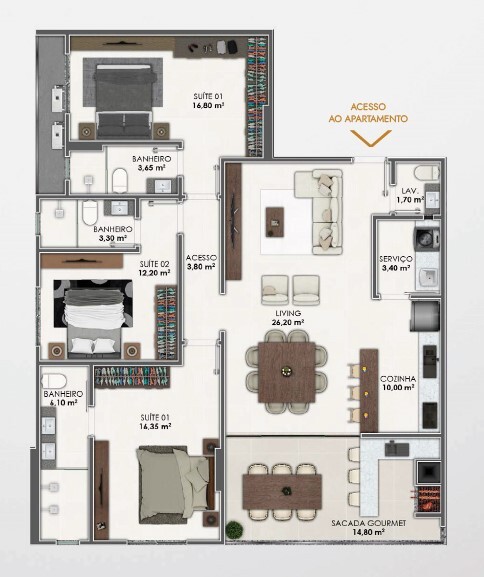 Planta 01 - 3 dorm 94,85m²