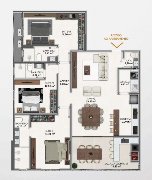 Planta 02 - 3 dorm 133,50m²