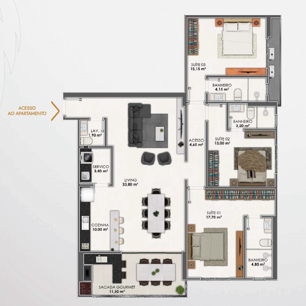 Planta 03 - 3 dorm 141,25m²