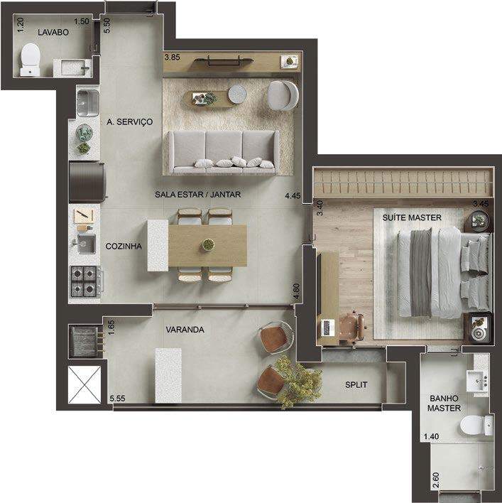 Planta 01 - 1 dorm 58m²