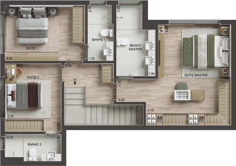 Planta 12 - 3 dorm 158m² - cobertura duplex - superior