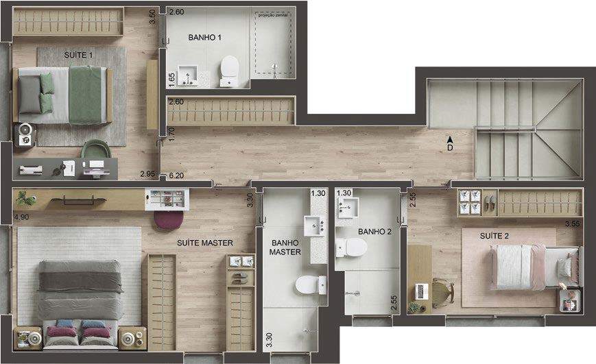 Planta 16 - 3 dorm 176m² - cobertura duplex - superior
