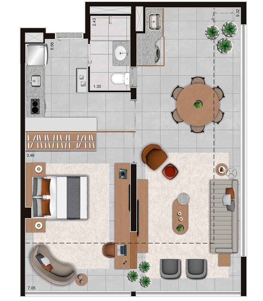 Planta 06 - 1 dorm 69m² - garden