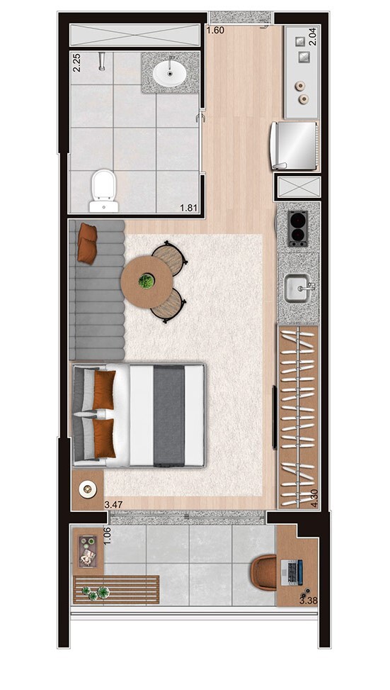 Planta 01 - 1 dorm 30m² - studio