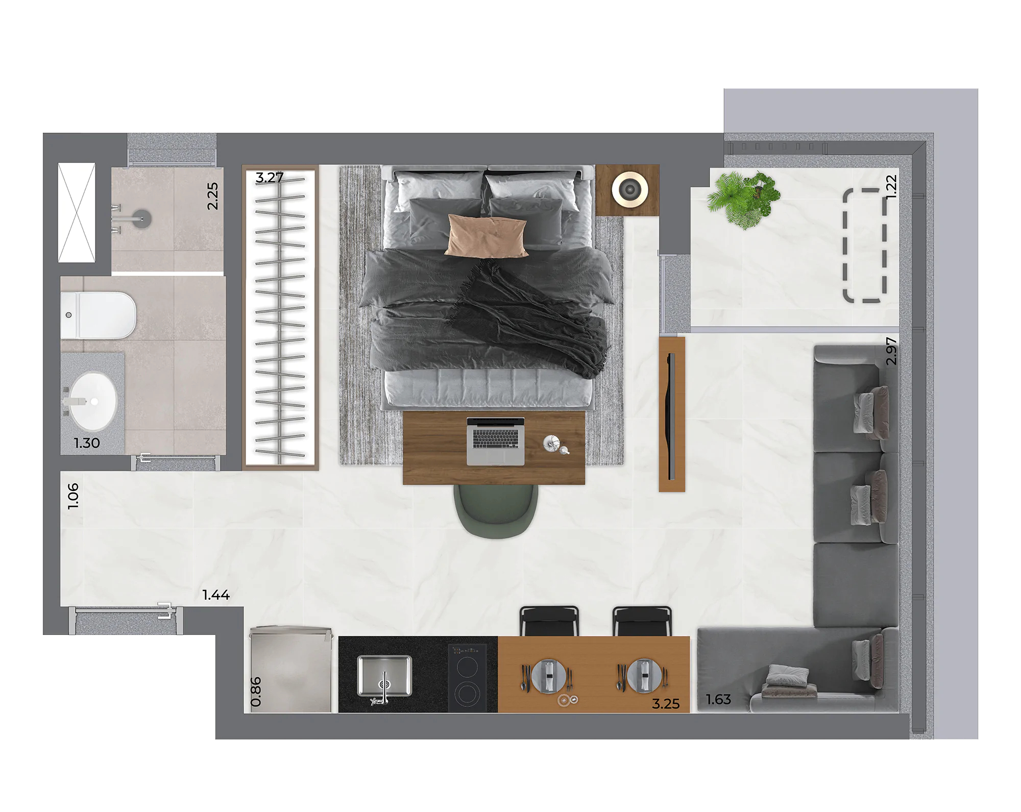 Planta 02 - 1 dorm 32m² - studio