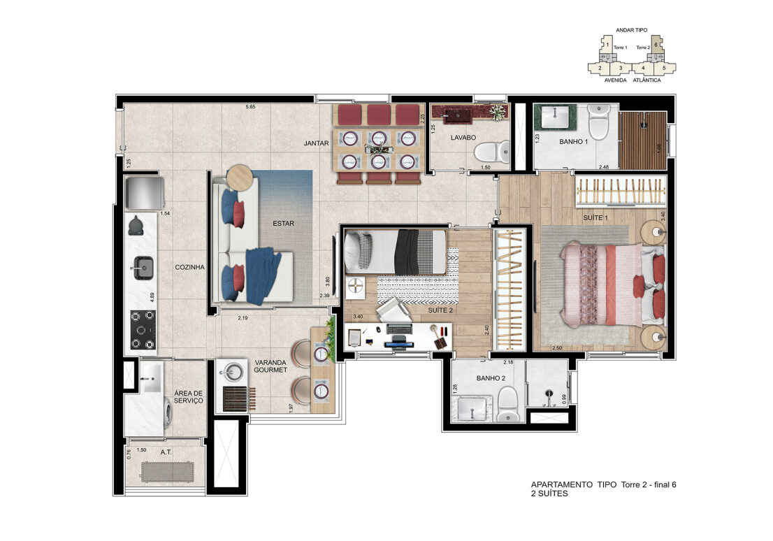 Planta 01 - 2 dorm 63,62m²