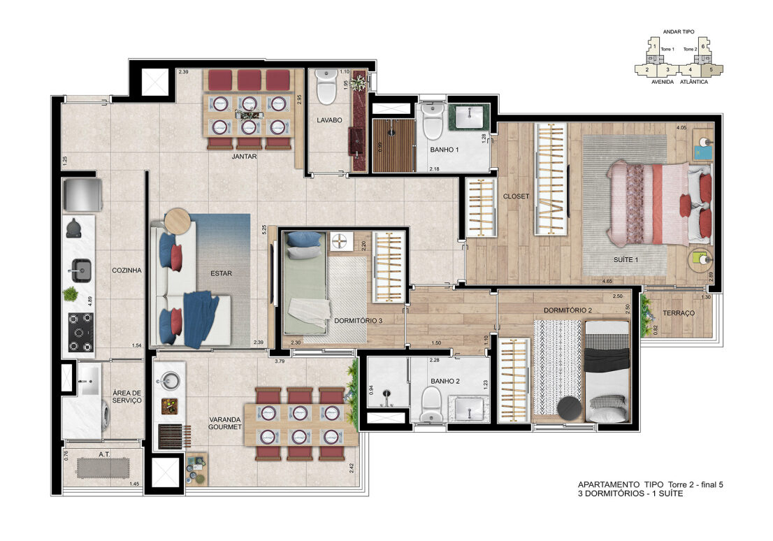 Planta 02 - 3 dorm 82,81m²