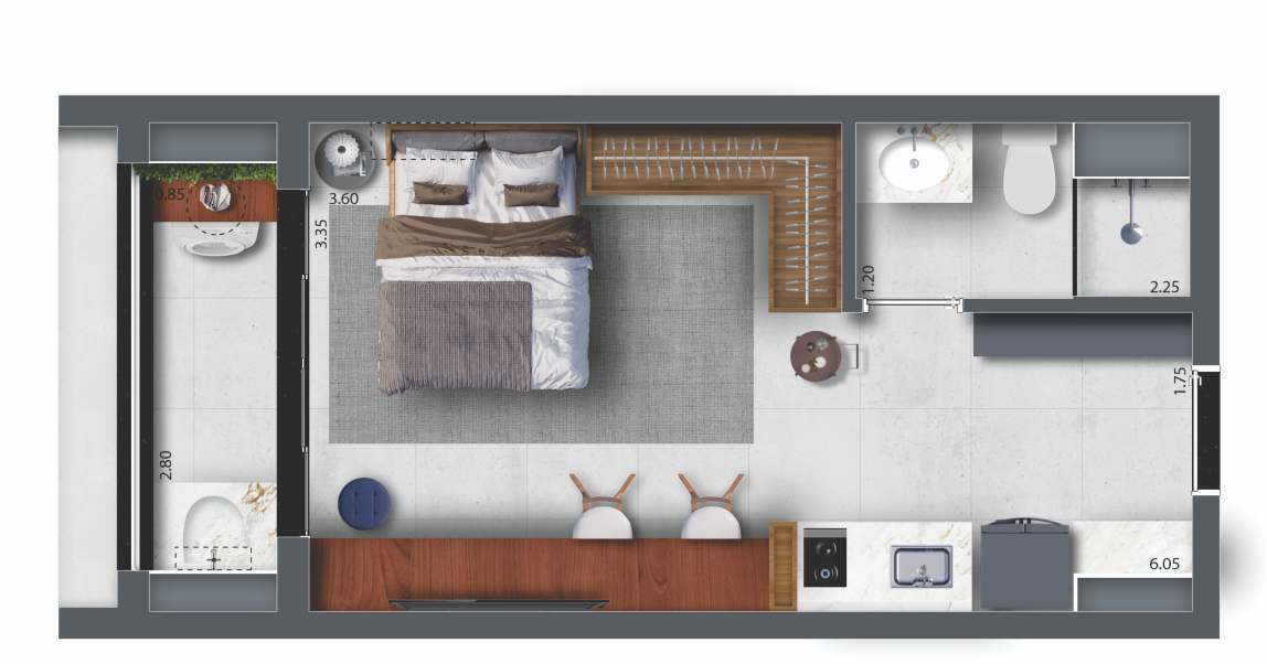 Planta 02 - 1 dorm 27,33m² - studio