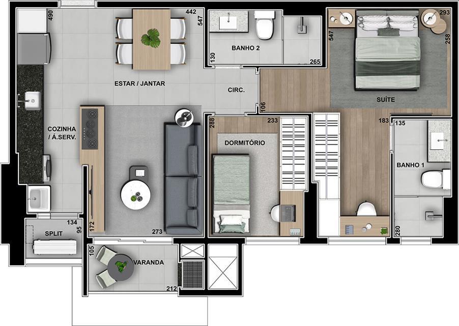 Planta 01 - 2 dorm 68m²