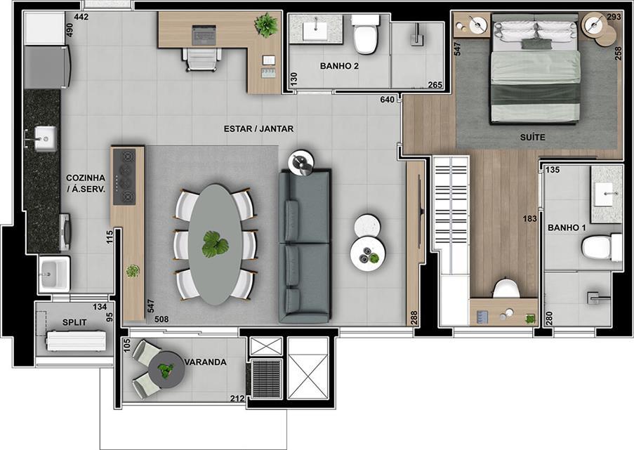 Planta 02 - 1 dorm 68m² - opção