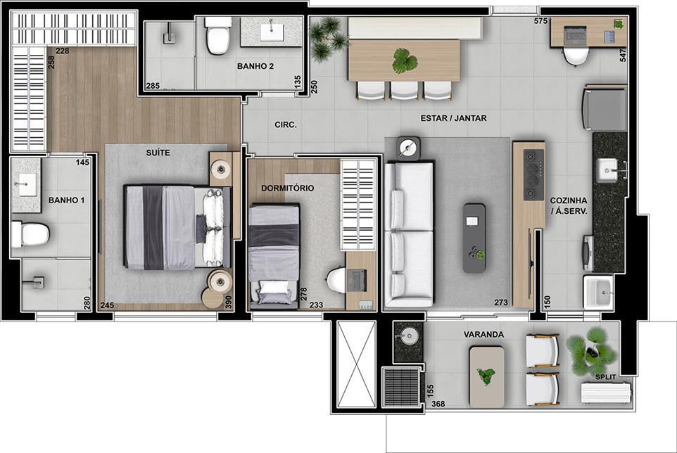 Planta 05 - 2 dorm 77m²