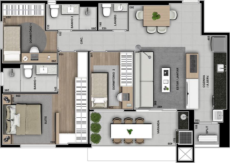 Planta 07 - 3 dorm 96m²