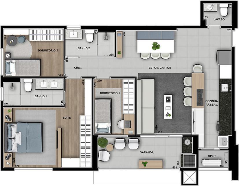 Planta 09 - 3 dorm 105m²