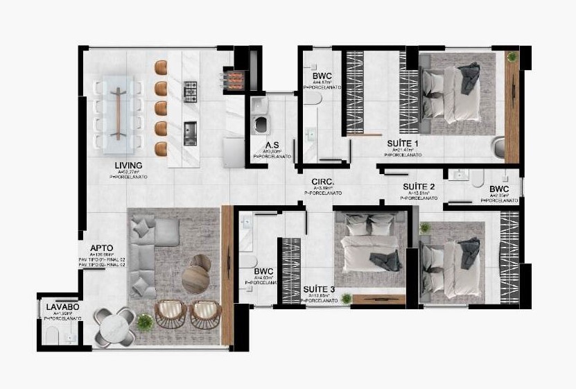 Planta 01 - 3 dorm 136,66m²