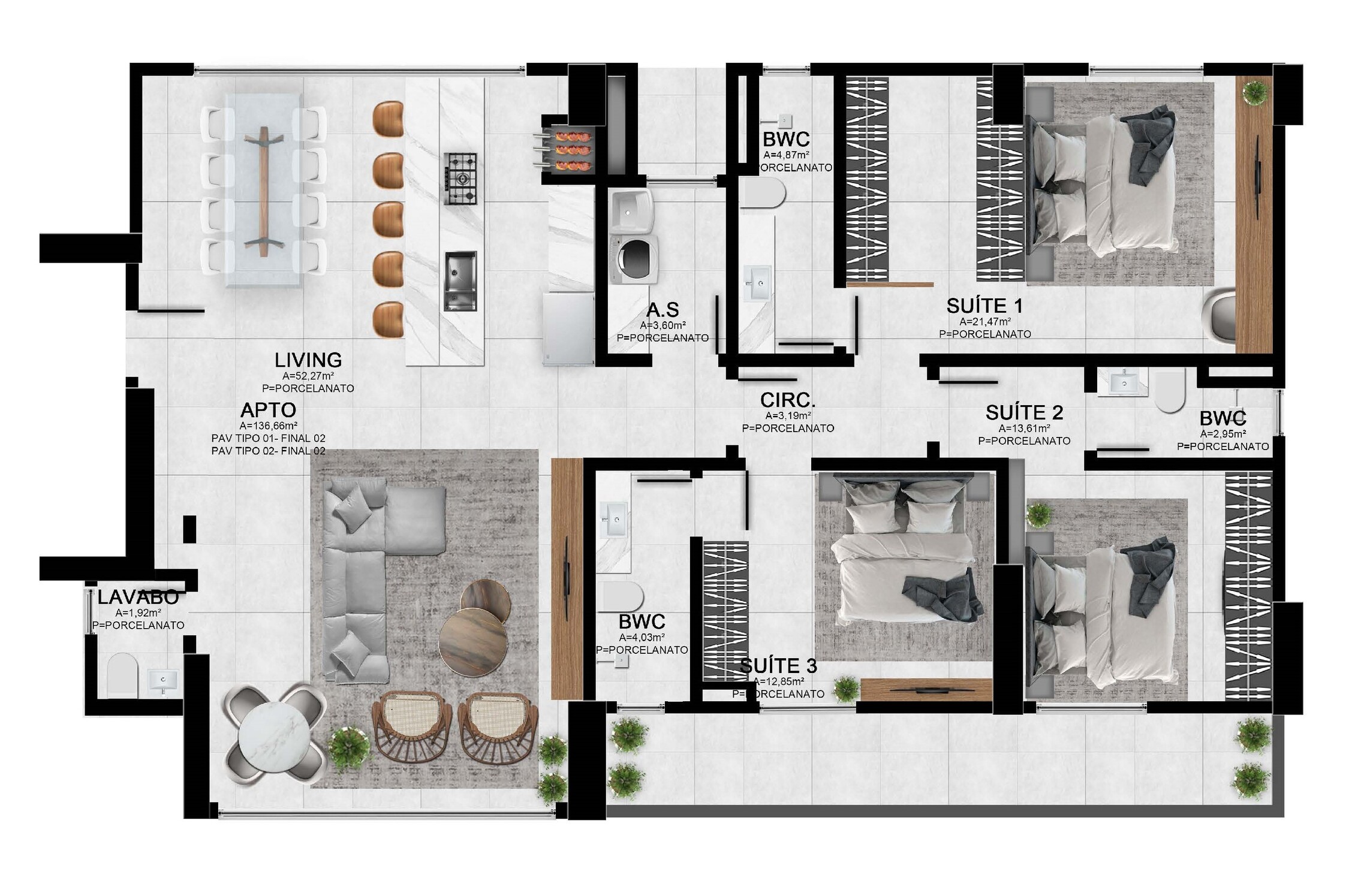 Planta 02 - 3 dorm 153,71m²