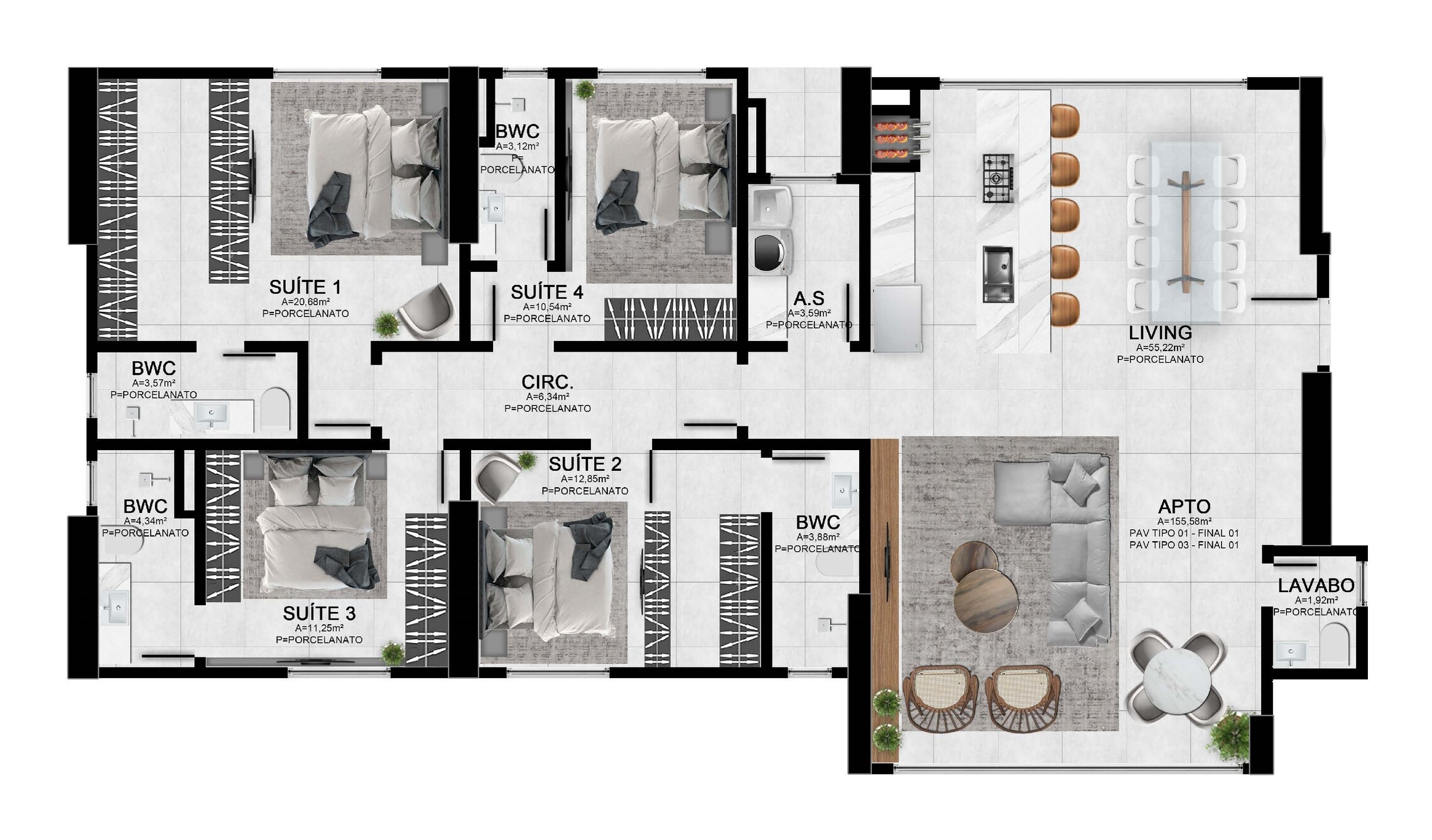Planta 03 - 4 dorm 160,32m²