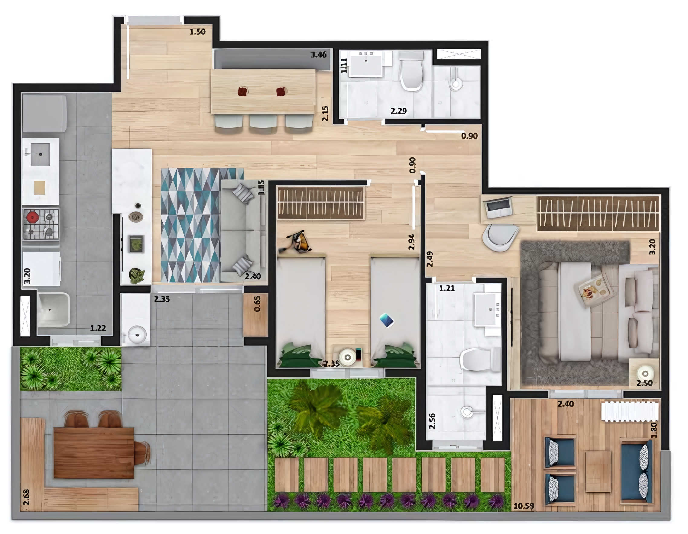 Planta 06 - 2 dorm 76,68m² - garden