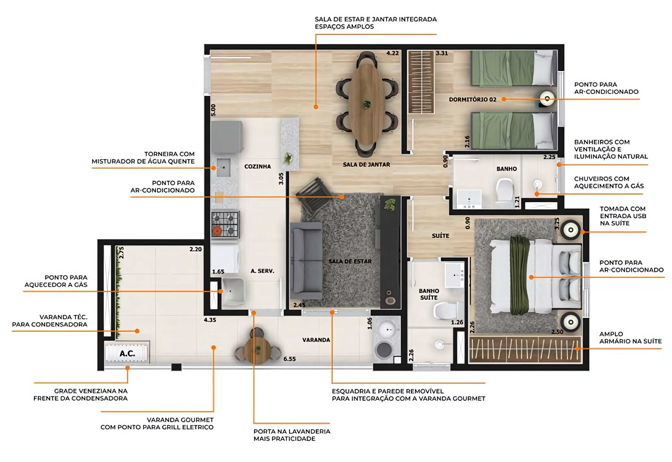 Planta 05 - 2 dorm 63,60m²
