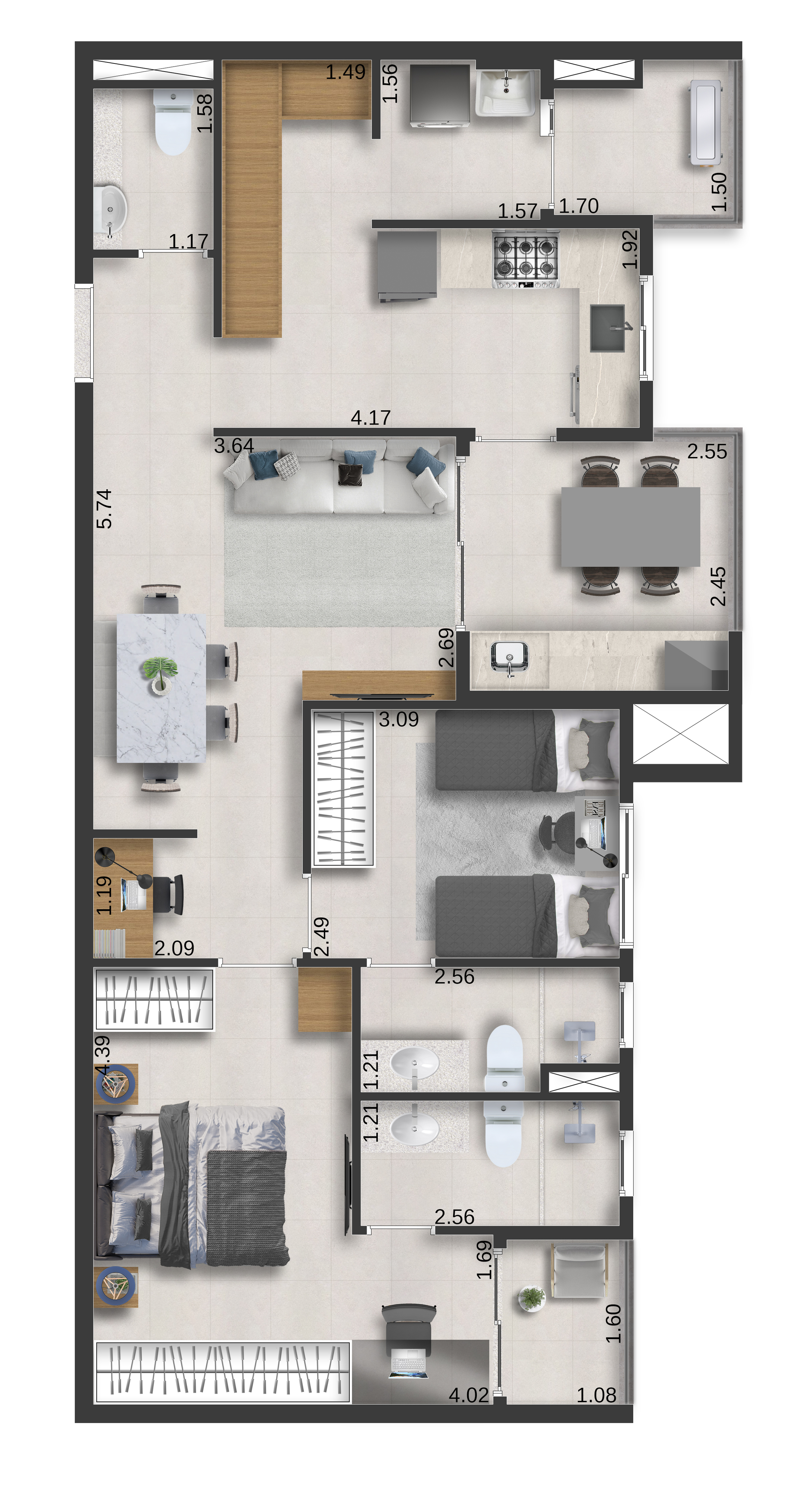 Planta 01 - 2 dorm 82,88m²