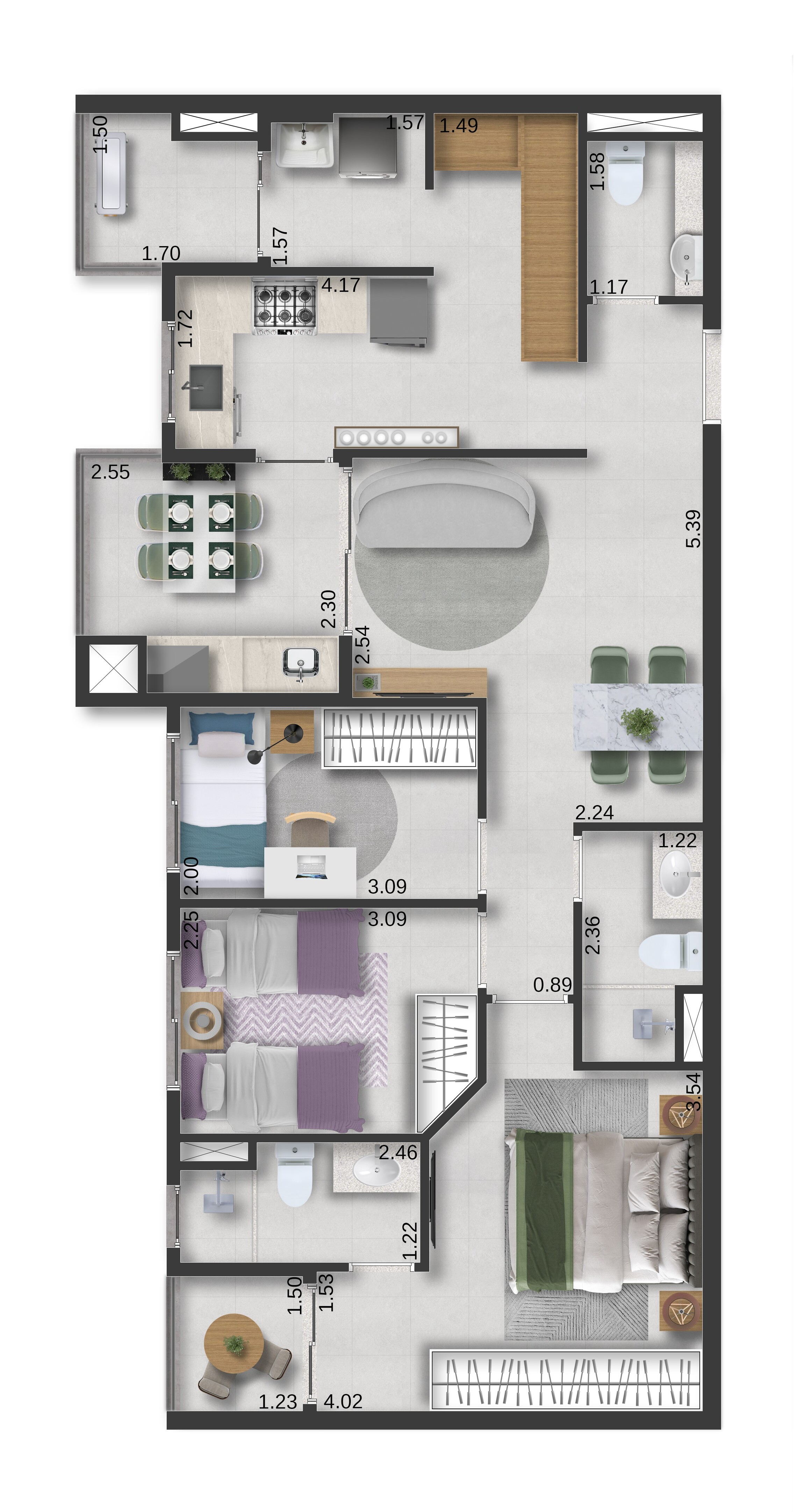 Planta 02 - 3 dorm 82,88m²