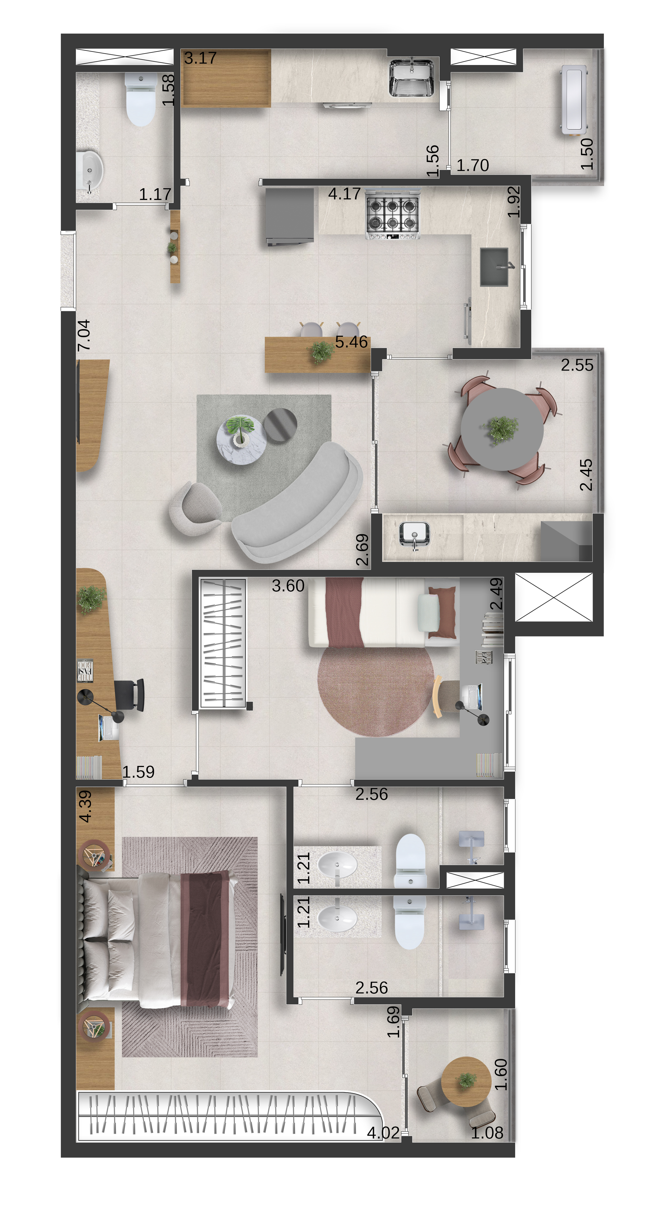 Planta 03 - 2 dorm 82,88m² - opção 1