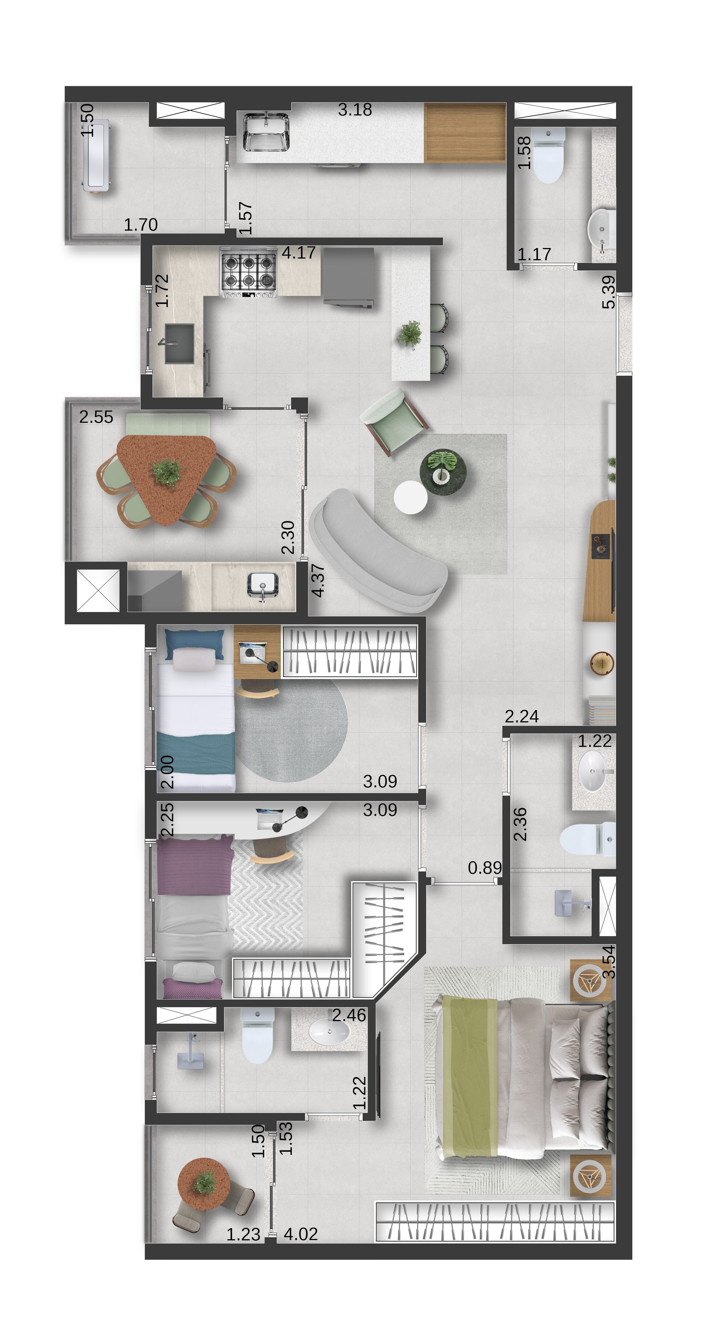 Planta 04 - 2 dorm 82,88m² - opção 2