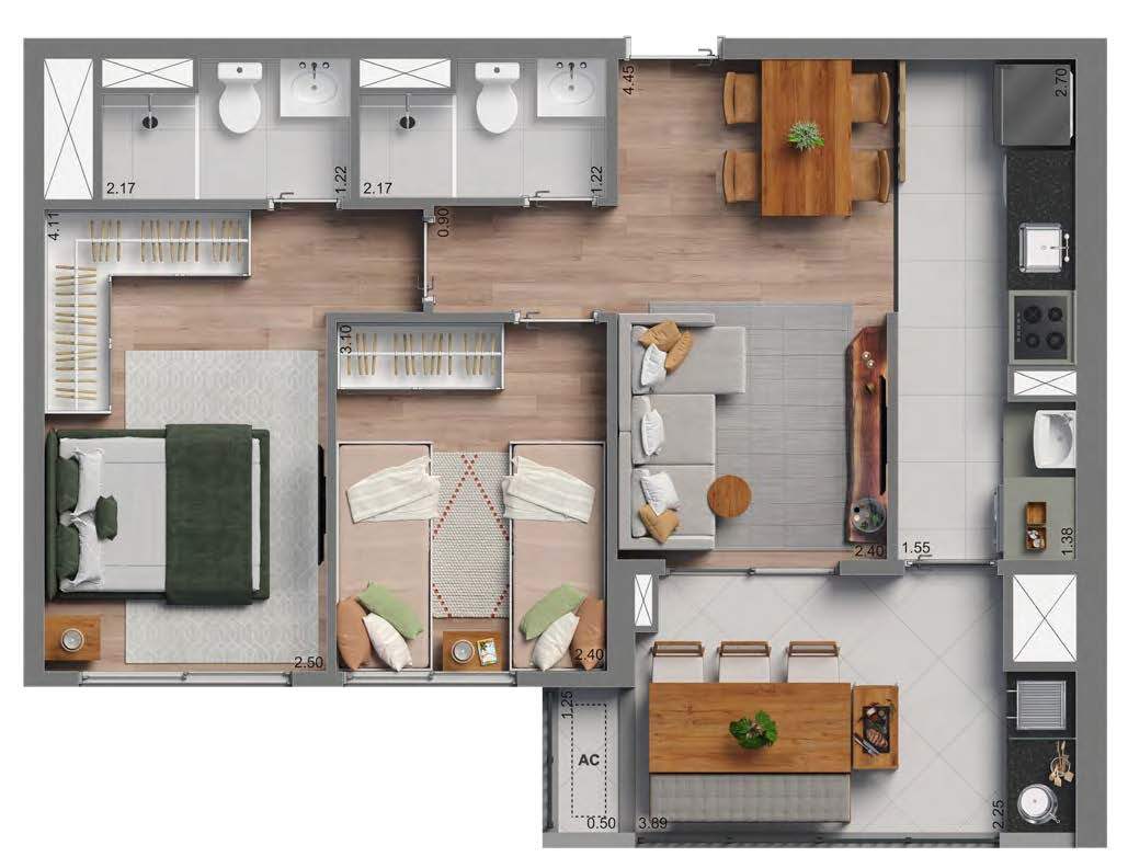 Planta 01 - 2 dorm 60m²