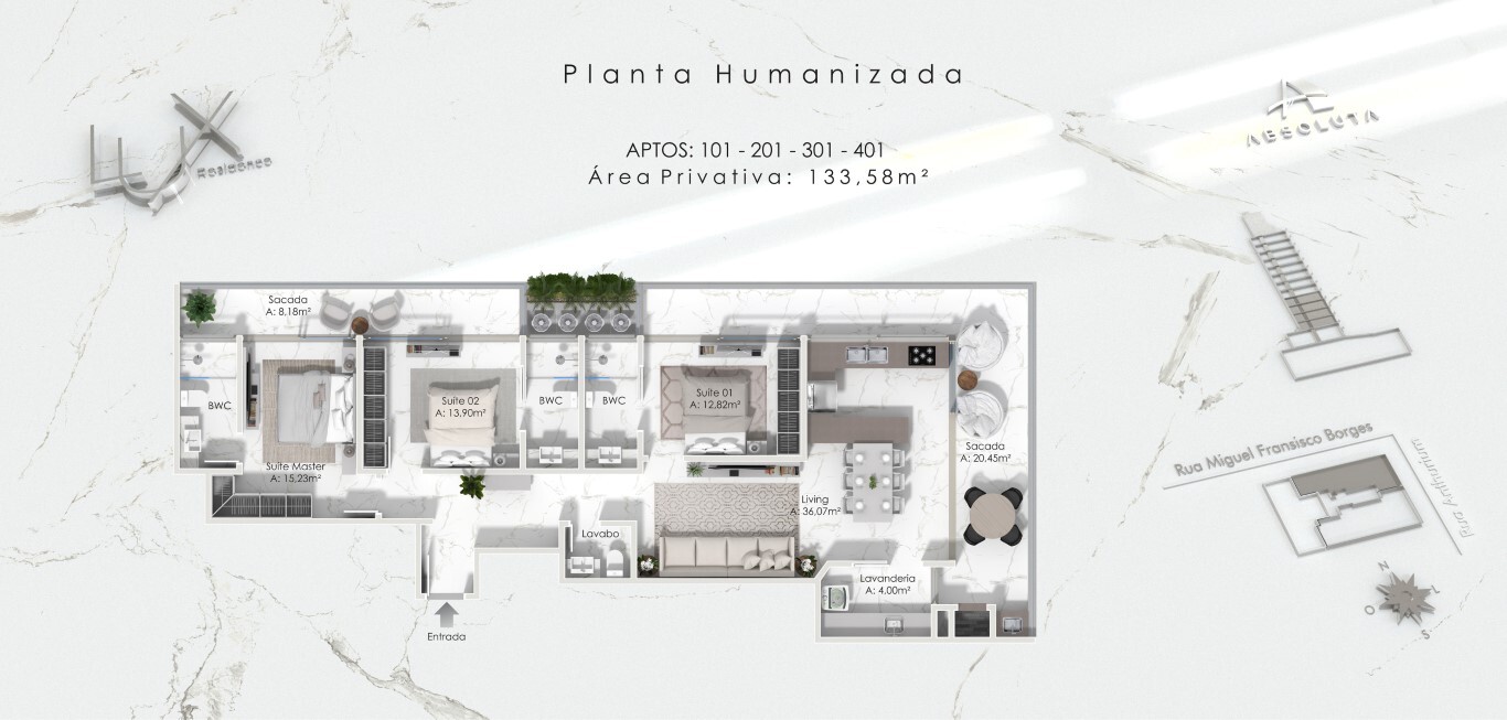 Planta 03 - 3 dorm 133,58m²
