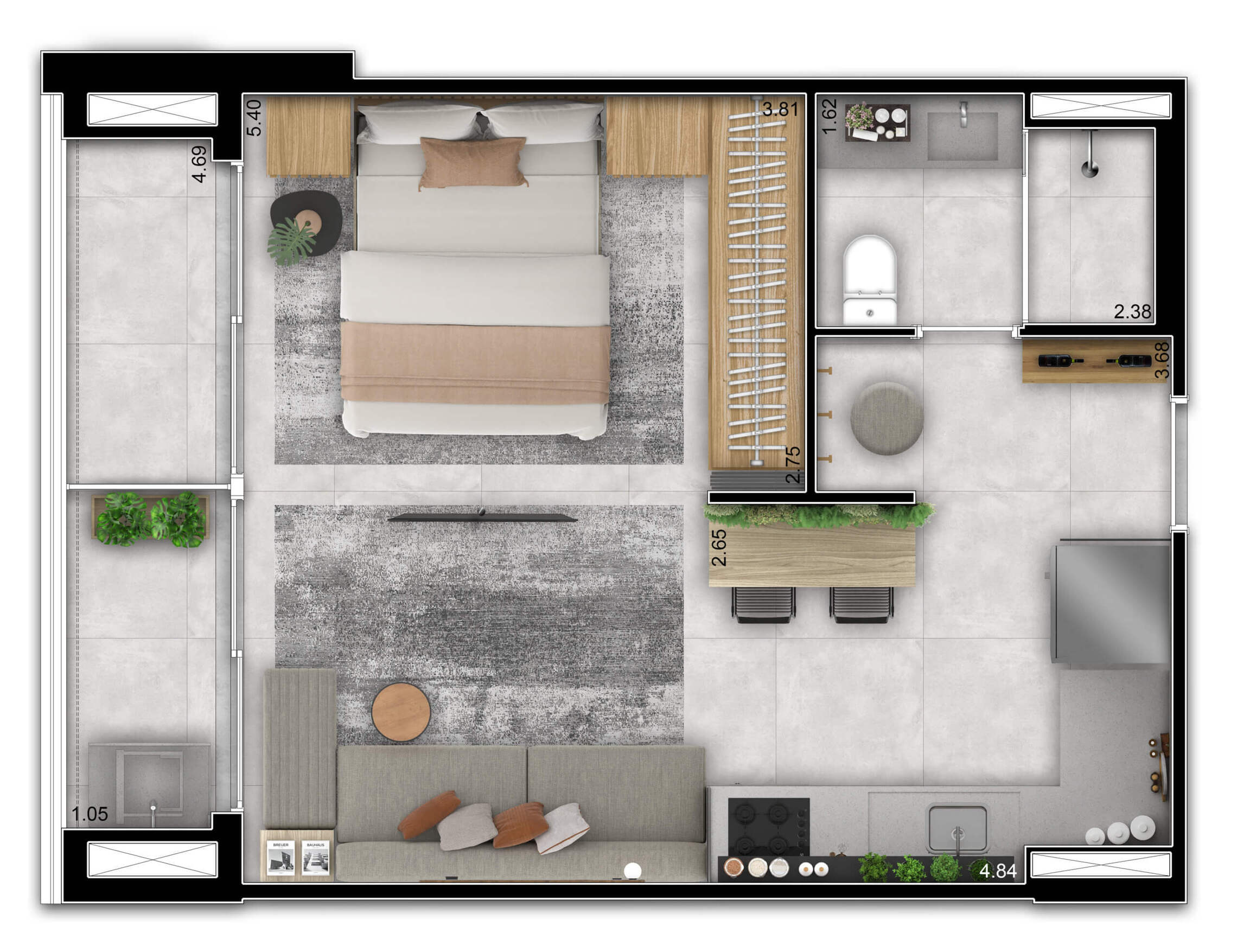 Planta 02 - 1 dorm 42m² - studio