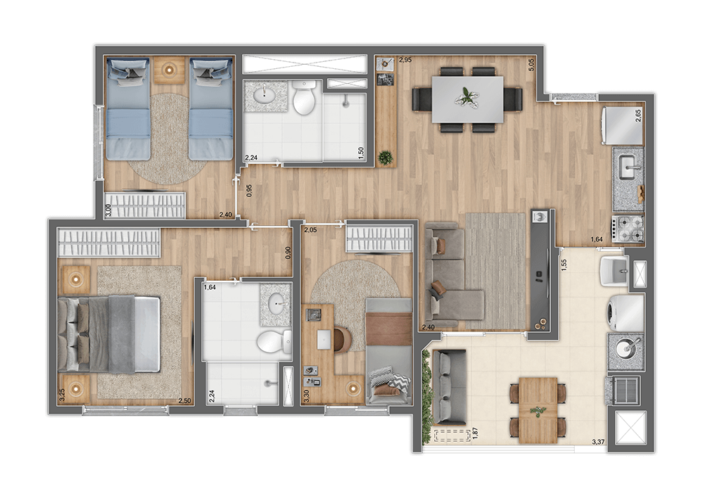 Planta 03 - 3 dorm 70m²
