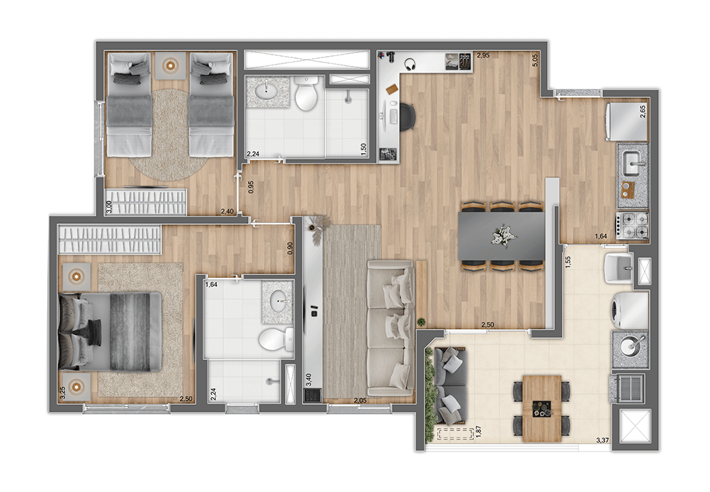 Planta 04 - 2 dorm 70m² - opção