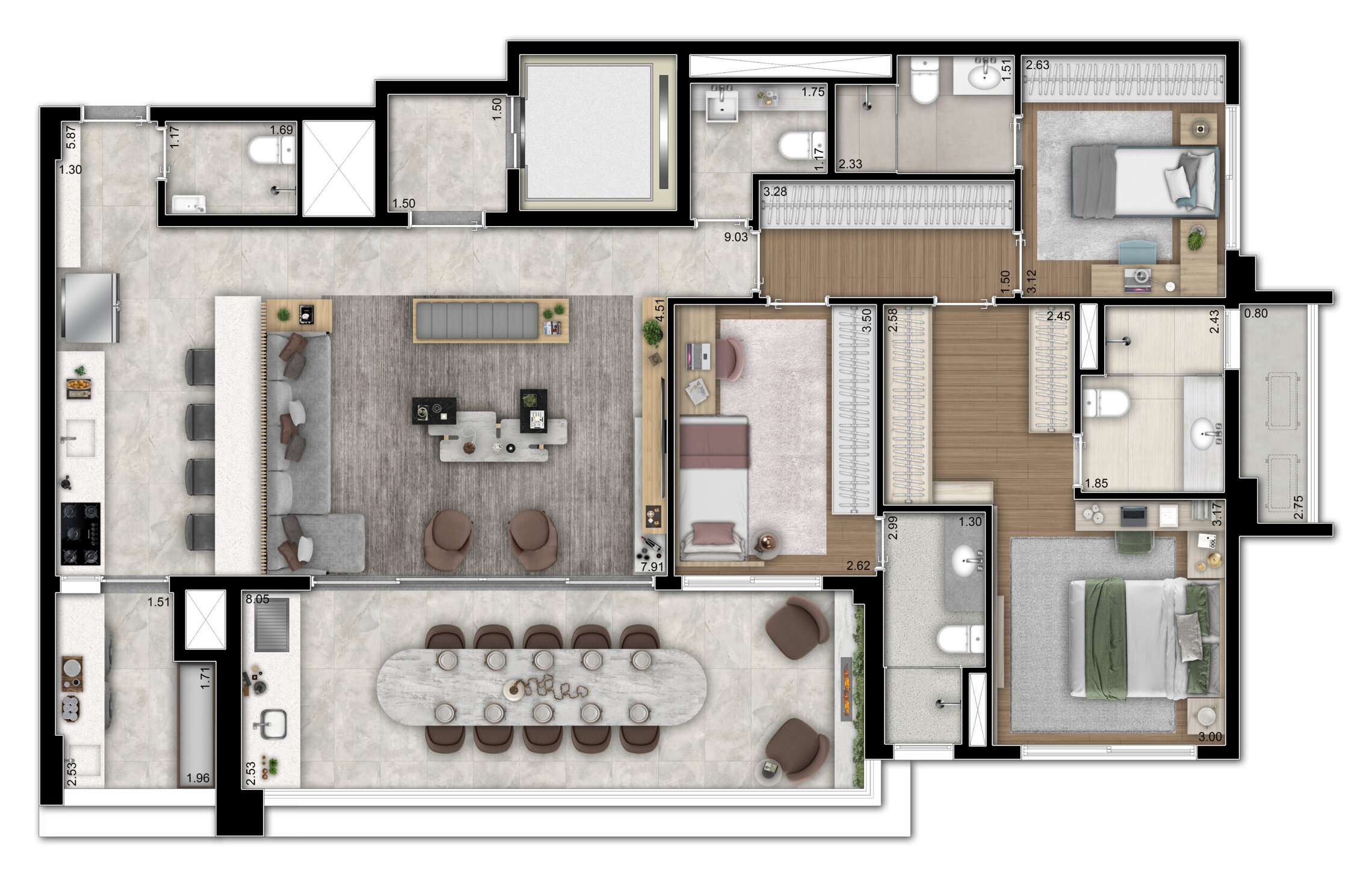 Planta 03 - 3 dorm 143m²