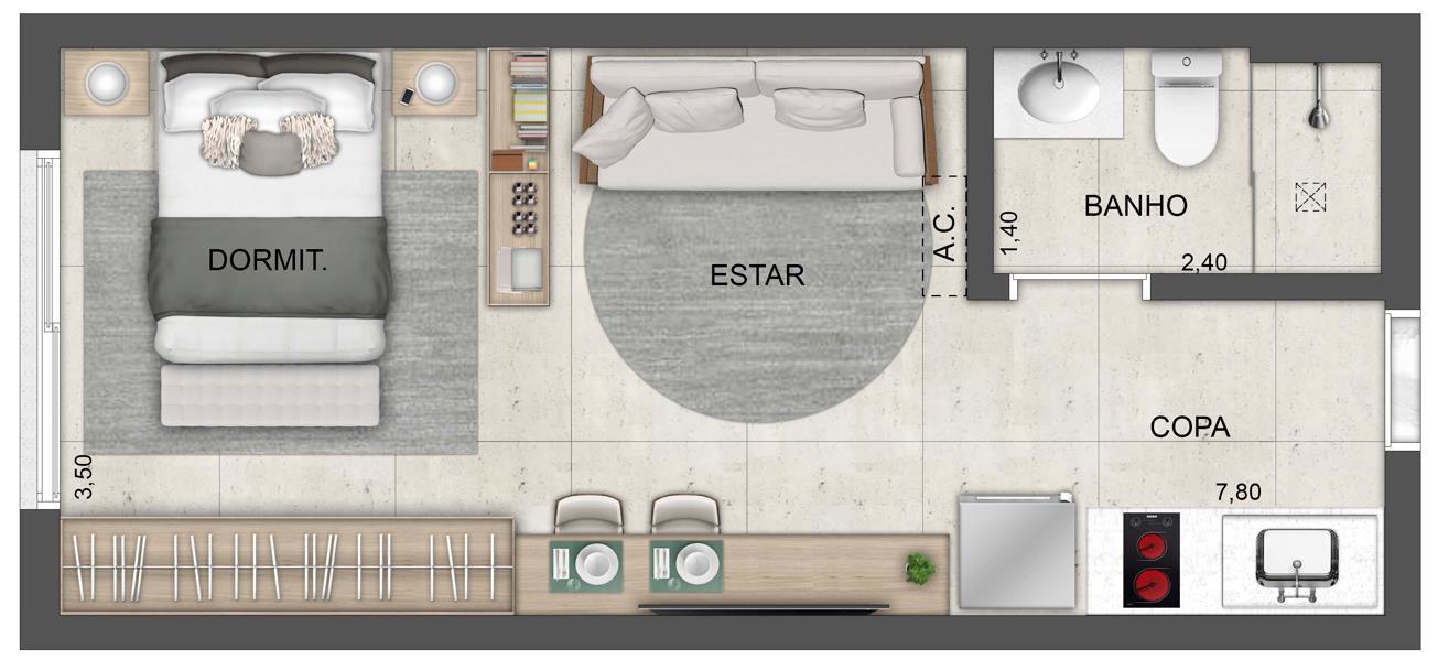 Planta 01 - 1 dorm 30m² - studio
