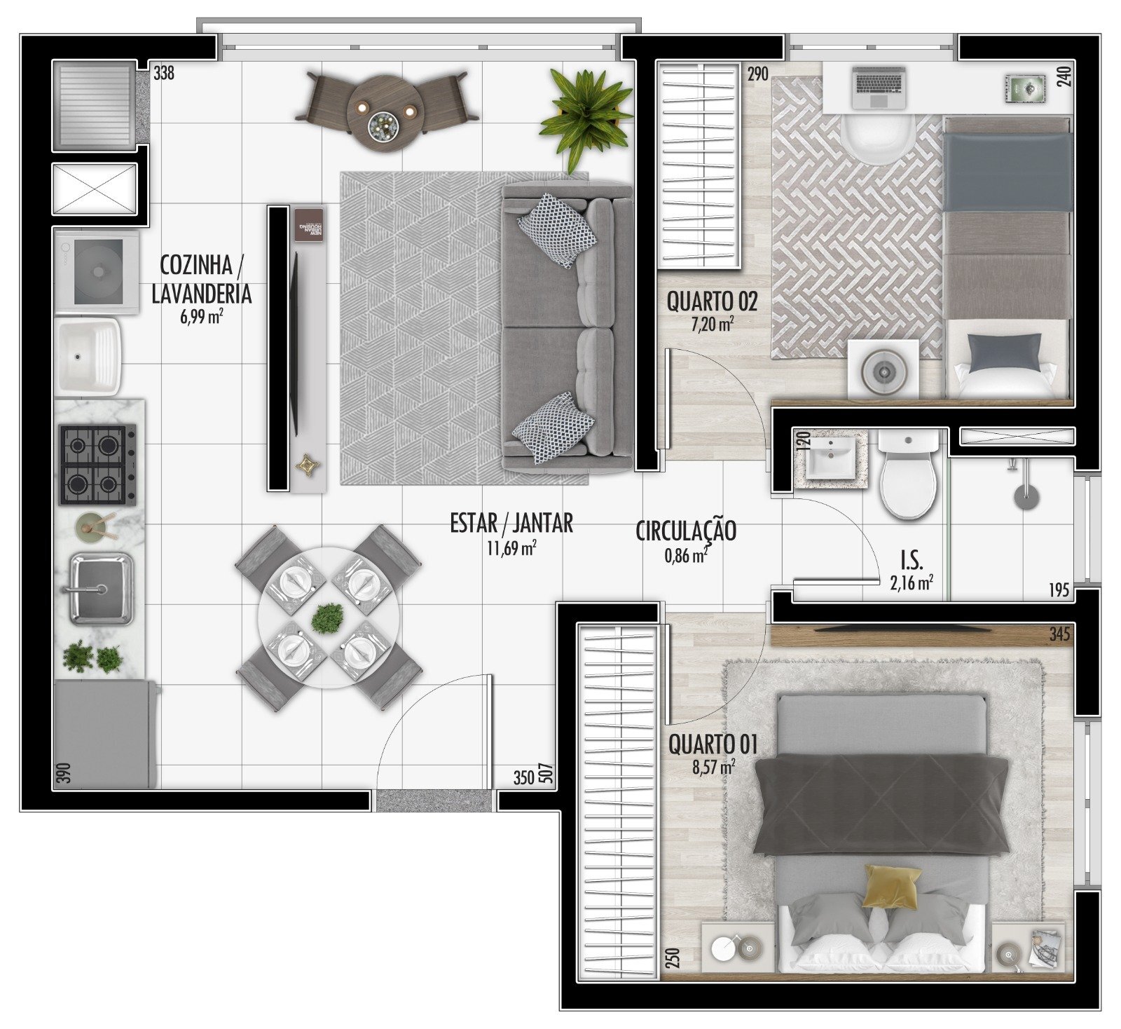 Planta 01 - 2 dorm 45m²