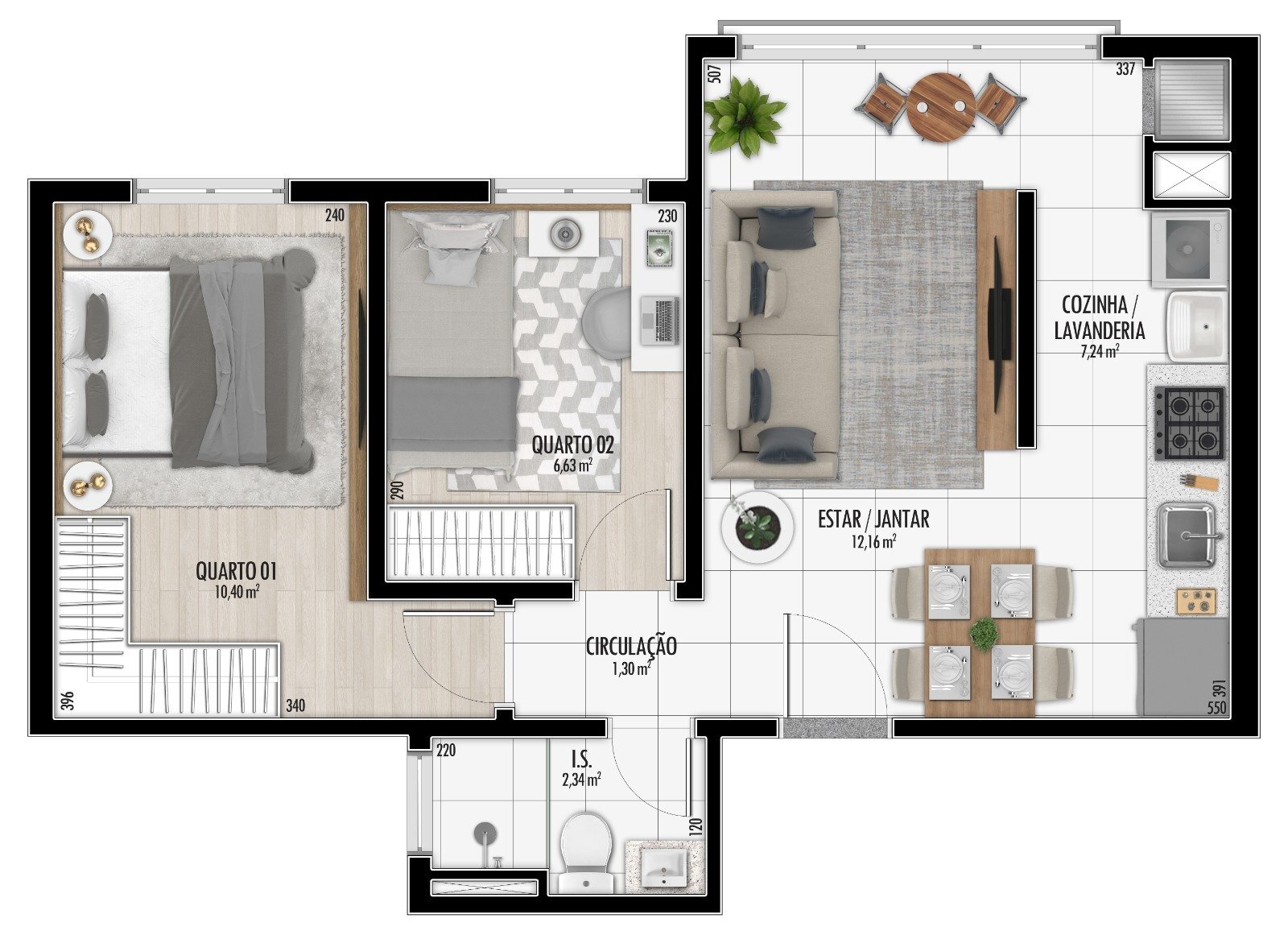 Planta 02 - 2 dorm 48m²