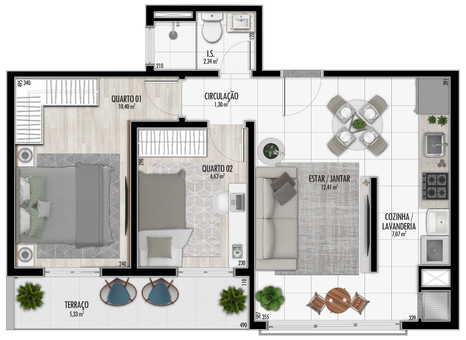 Planta 03 - 2 dorm 53,33m² - garden