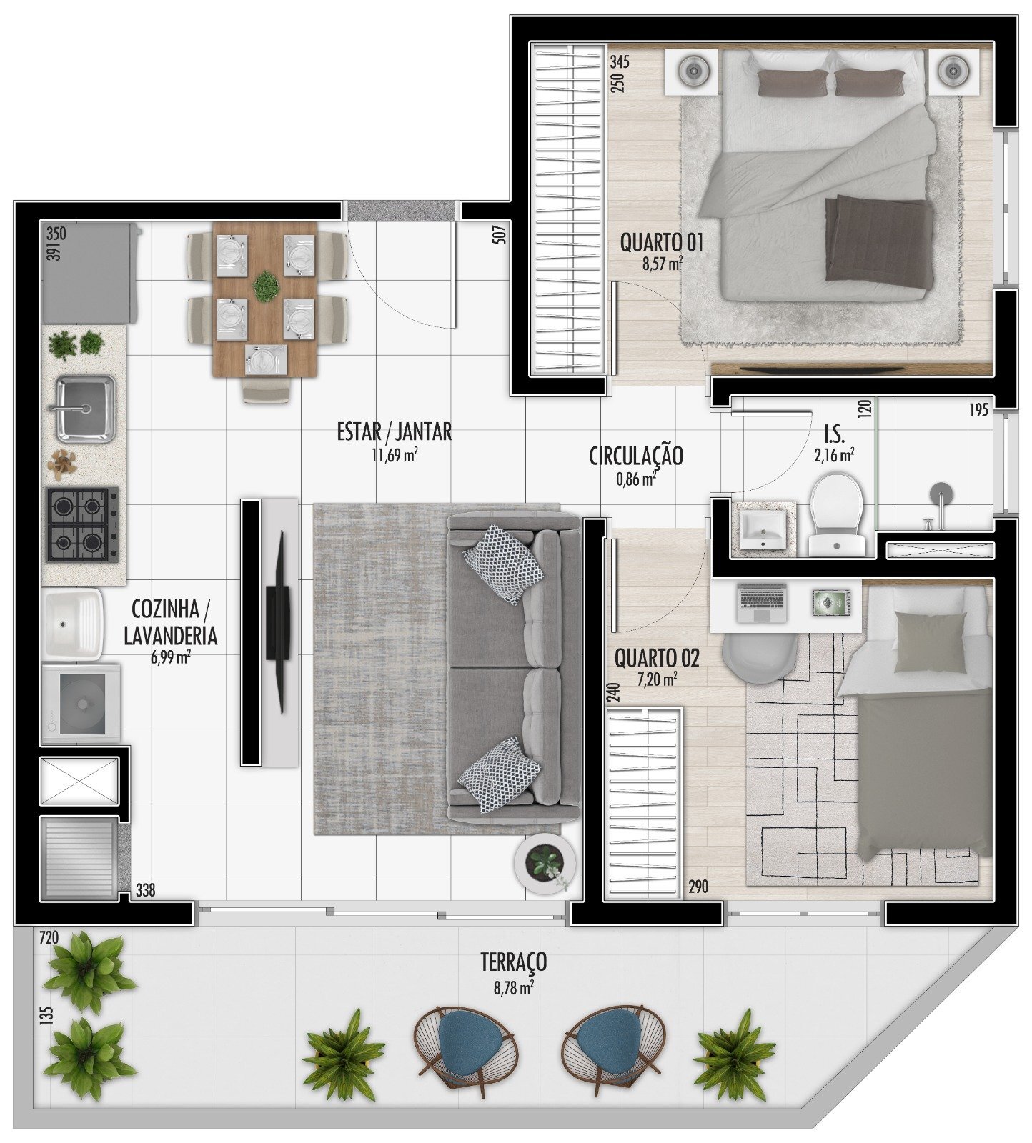 Planta 04 - 2 dorm 53,78m² - garden