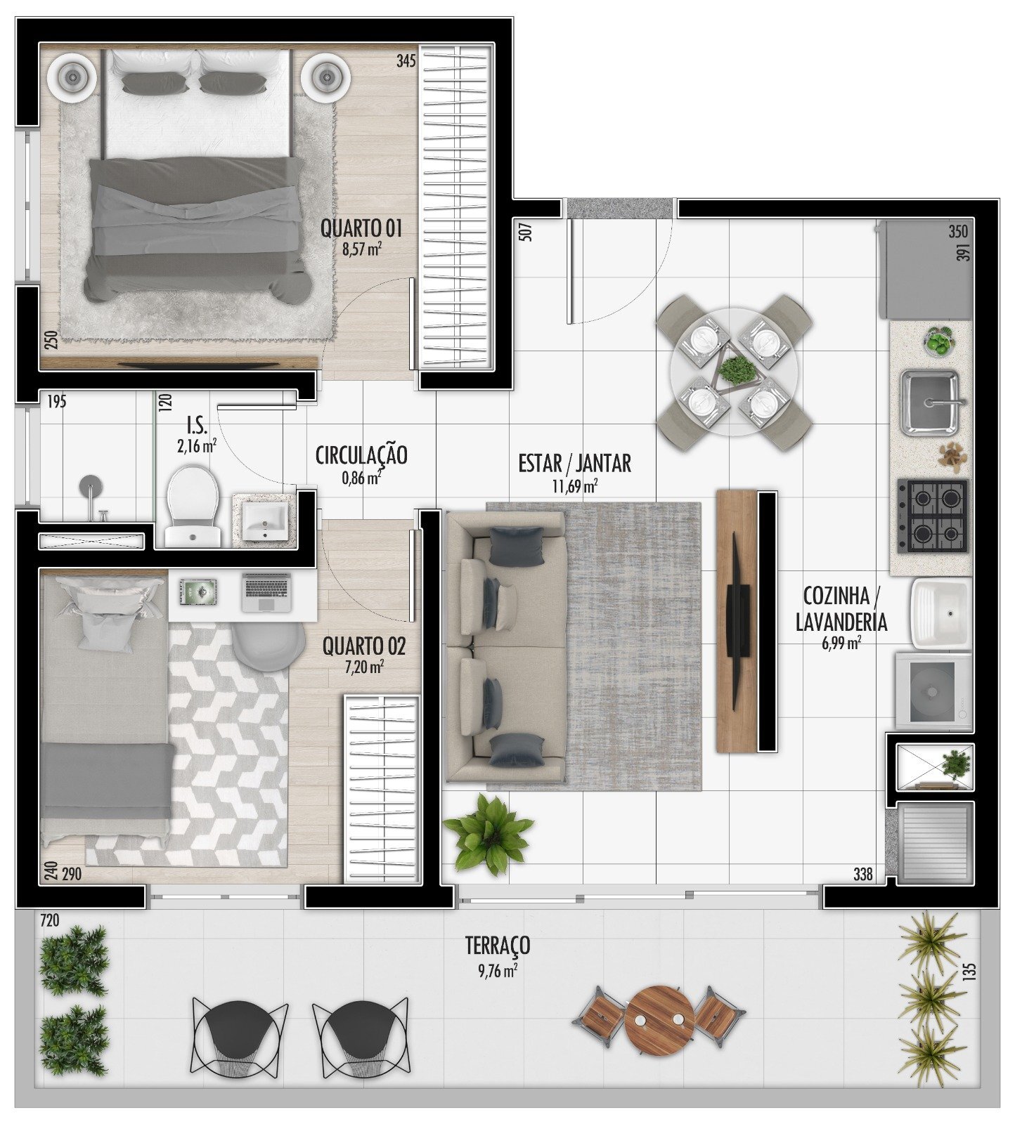 Planta 05 - 2 dorm 54,35m² - garden