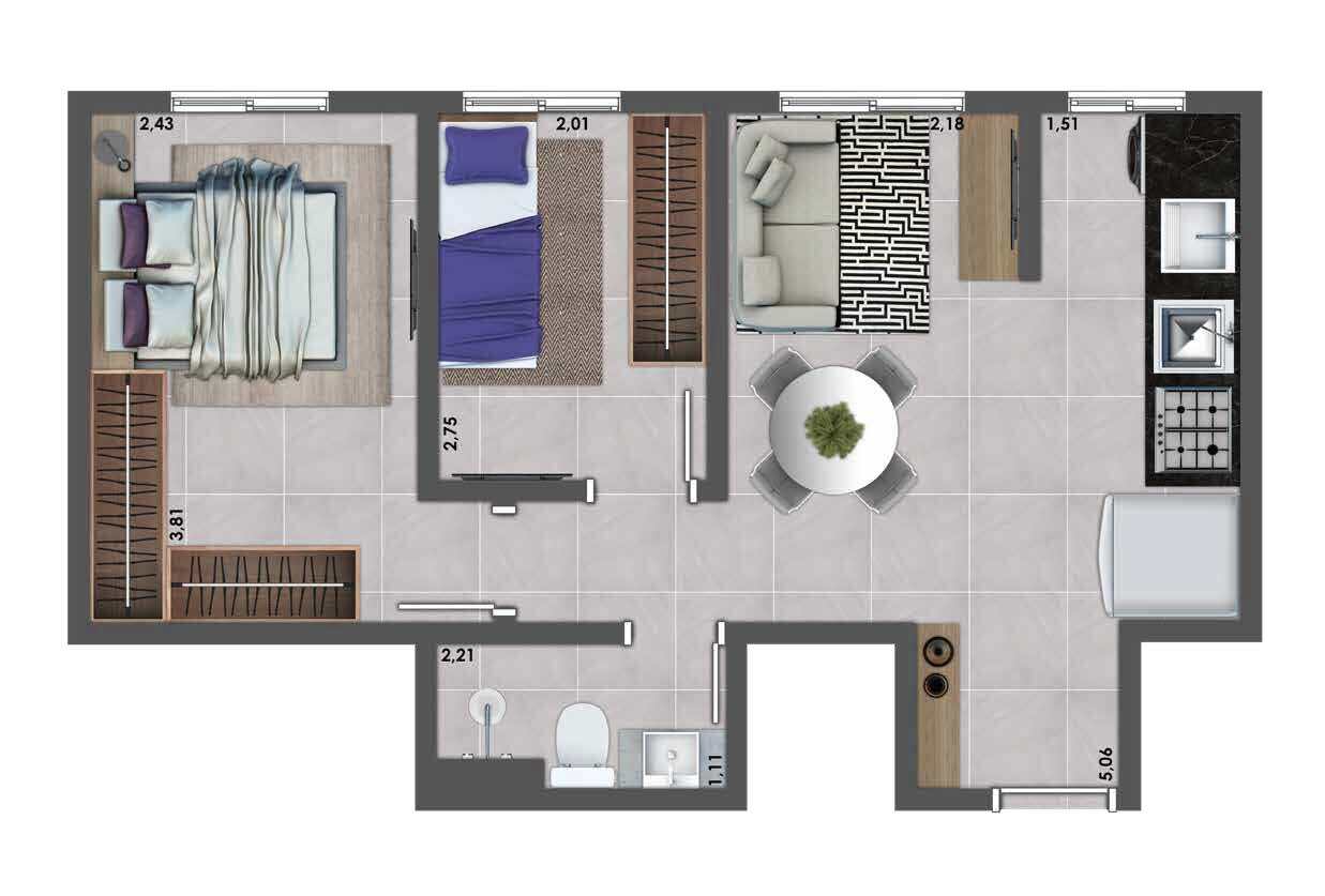 Planta 03 - 2 dorm 40,73m²