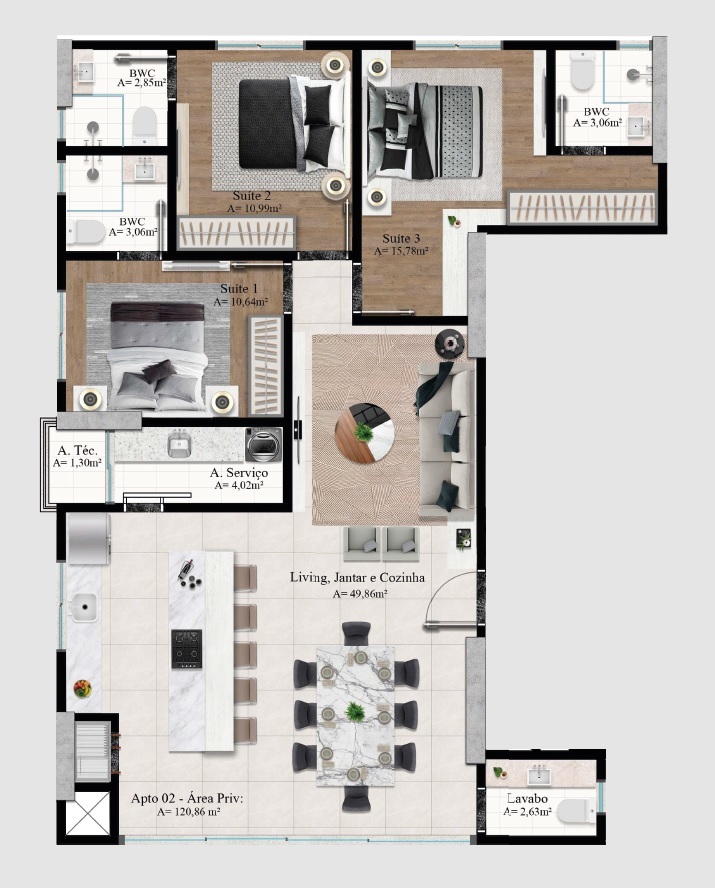 Planta 01 - 3 dorm 120,86m²