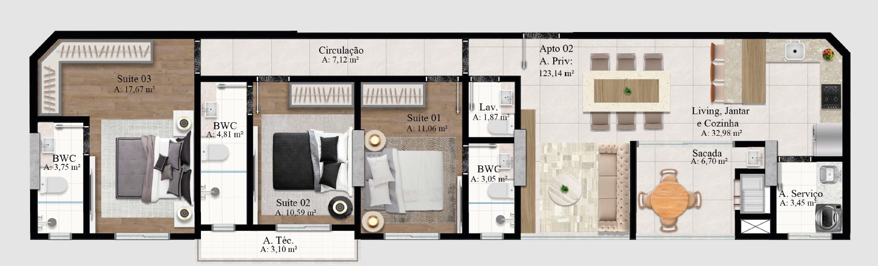 Planta 03 - 3 dorm 123,14m²