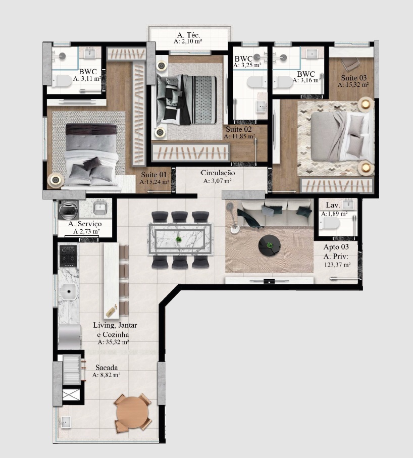 Planta 04 - 3 dorm 123,37m²