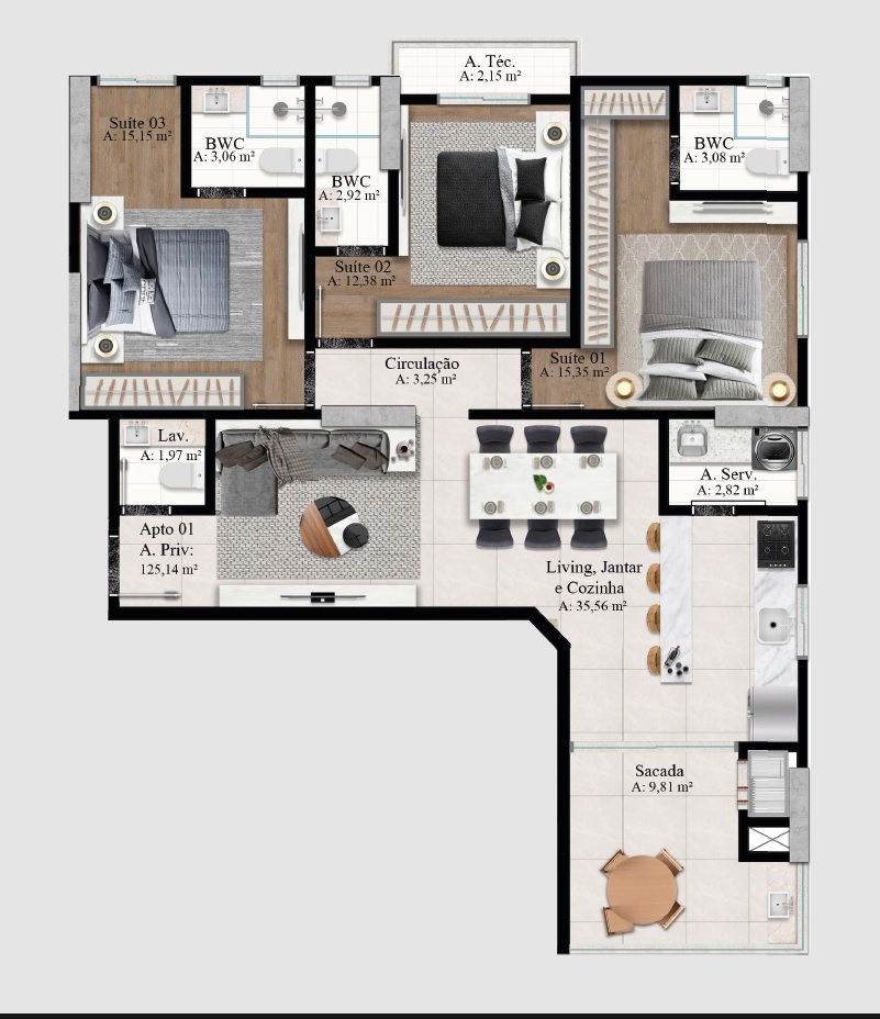 Planta 05 - 3 dorm 125,14m²