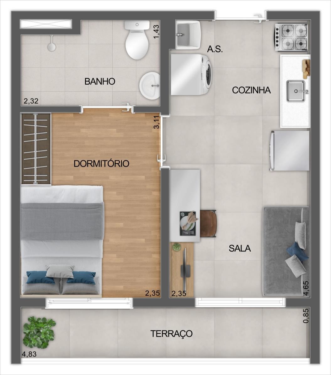 Planta 03 - 1 dorm 29m²