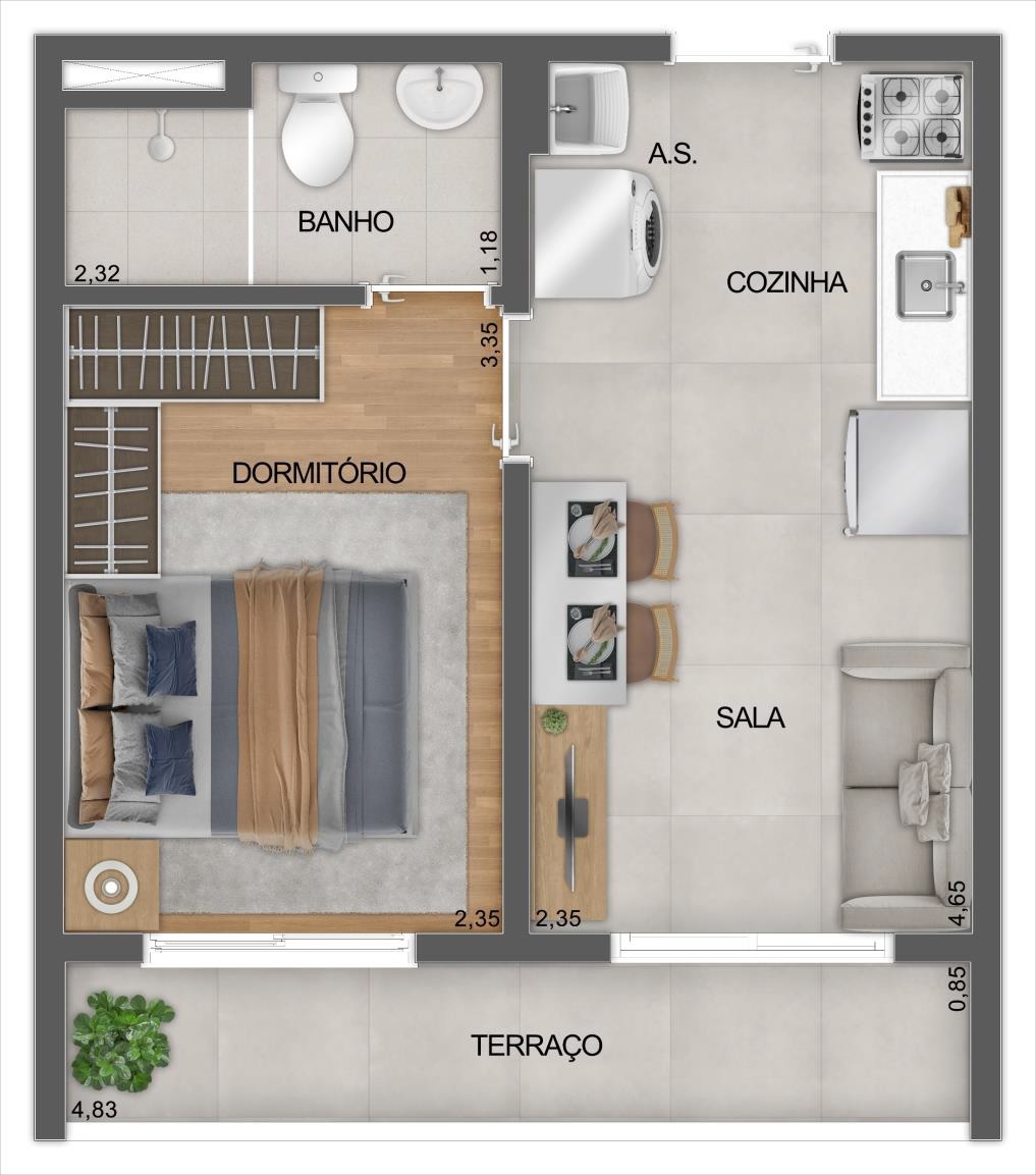 Planta 02 - 1 dorm 29m²