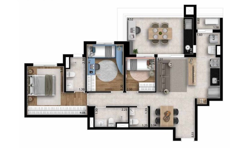 Planta 01 - 3 dorm 84m²